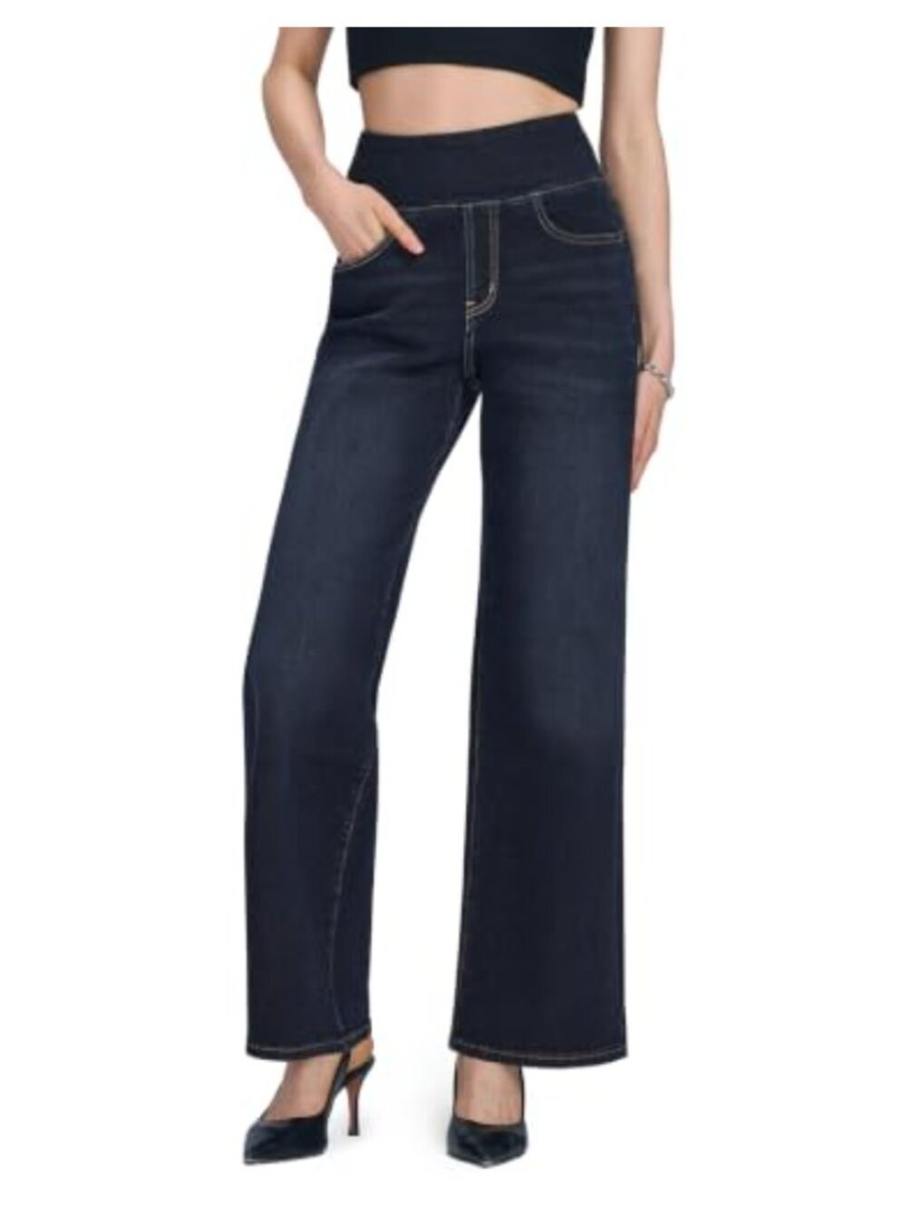 Pull On Wide Leg Jeans High Waisted Elastic Waist Stretch Denim